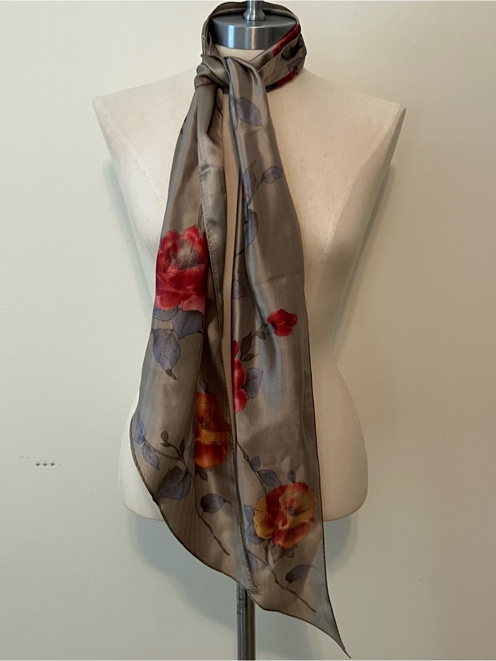 VTG Anne Klein Silk Sage Green Floral Striped Scarf Rectangle 8.5 X 68in